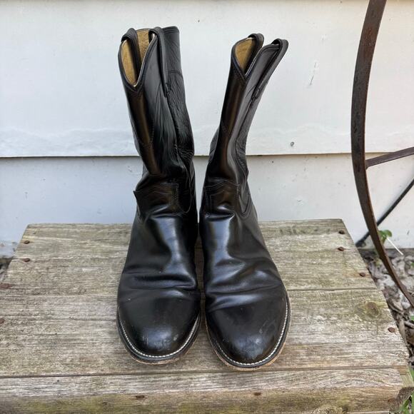 Justin Black Roper Round Toe Cowboy Western Leather Boots Style 3133 Size 9.5D